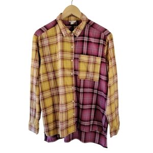 Cato Womens Pink Yellow Plaid Button-Up Shirt Sz L Pocket Western Cowgirl Swifty